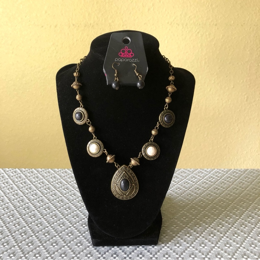 Paparazzi Mayan Magic Brass Necklace & Earring Set Boho Tribal Multi Stone